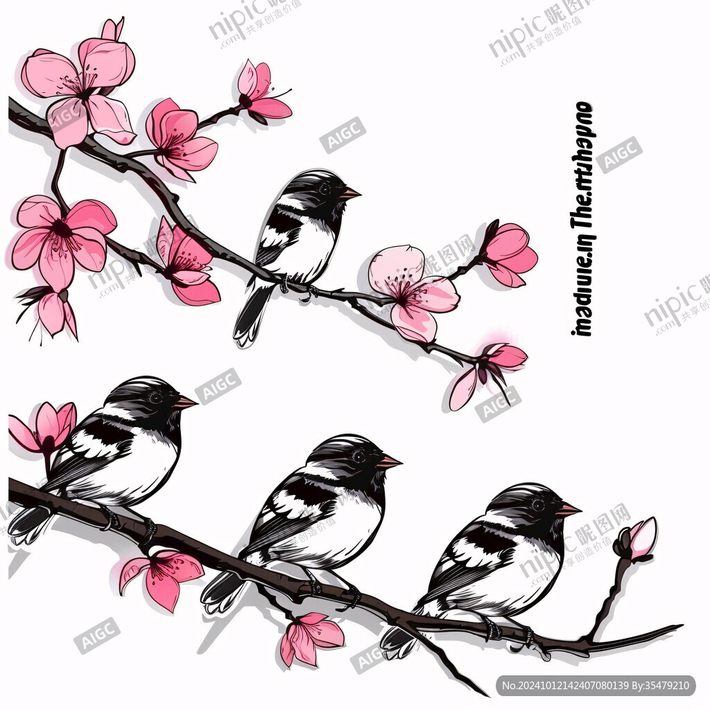 手绘粉色玉兰花鸟素材