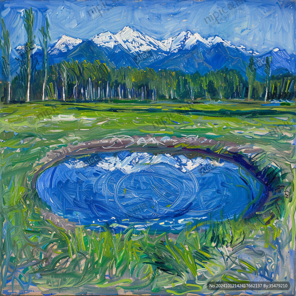 胡杨雪山蓝色湖水油画