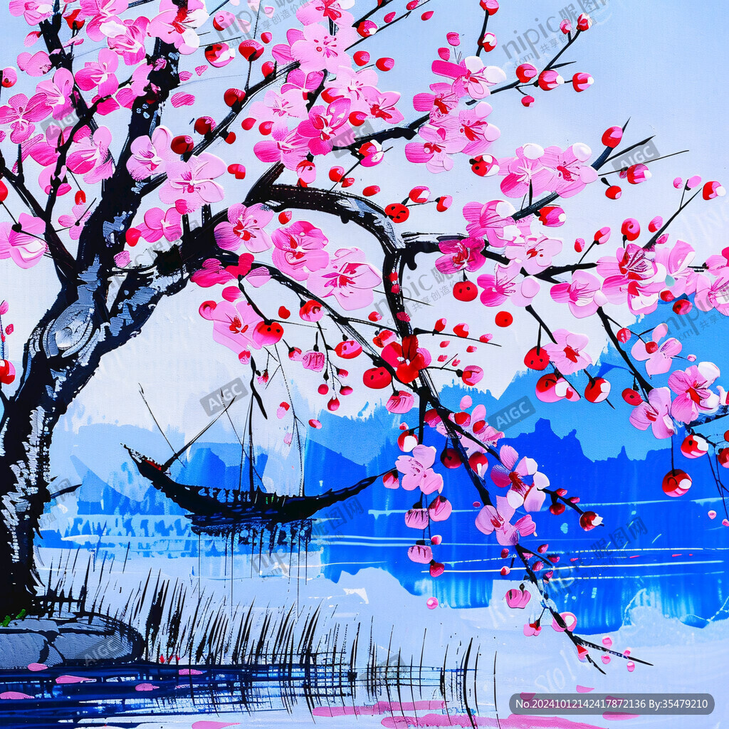 桃红色桃花景区国画