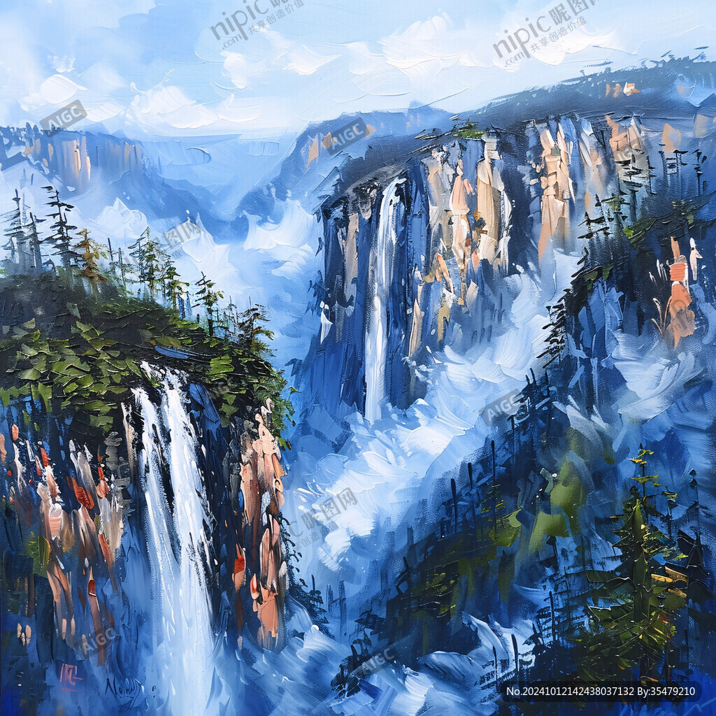 山水风景油画瀑布