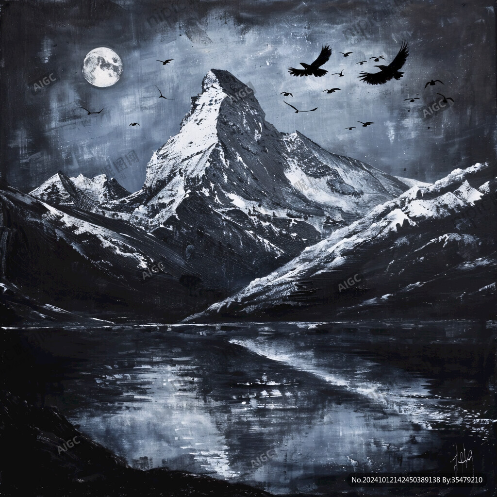 雪山水粉画