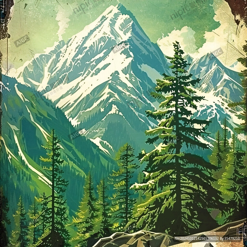 手绘森林山峰草地