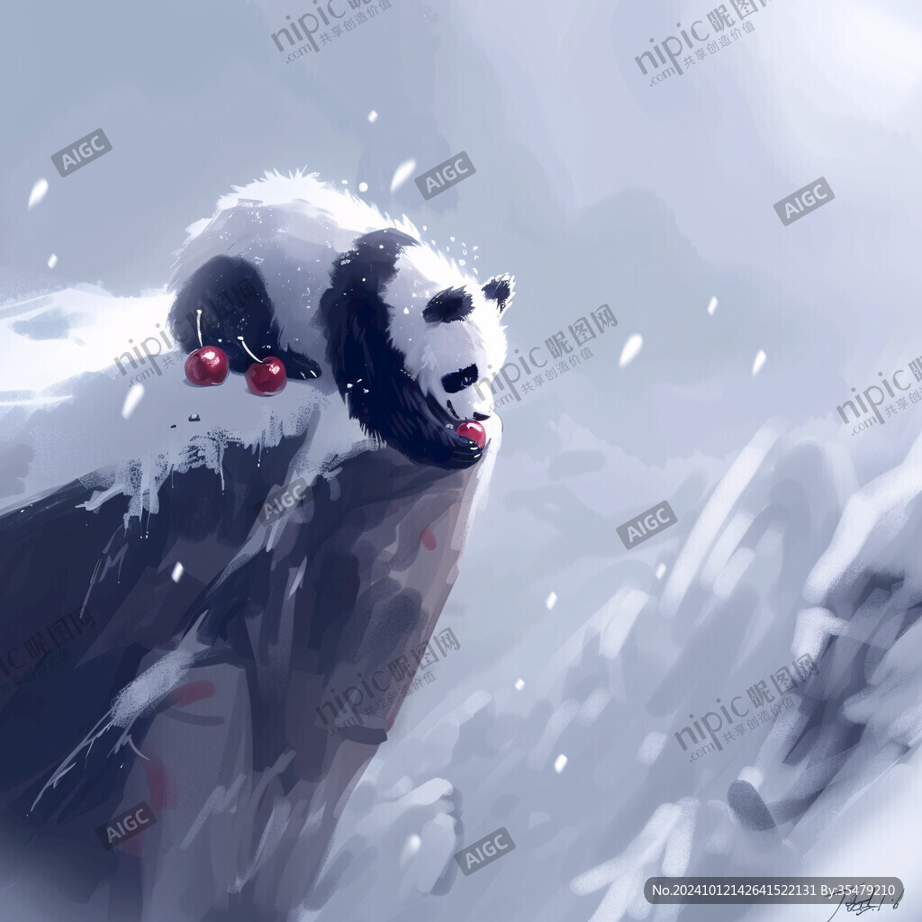 手绘滑雪的熊猫装饰画