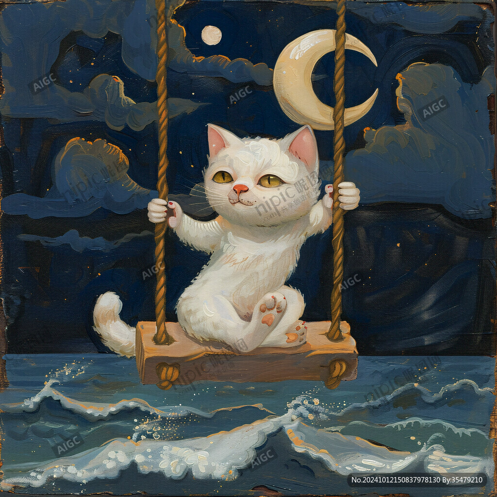 月亮上睡觉的小猫插画