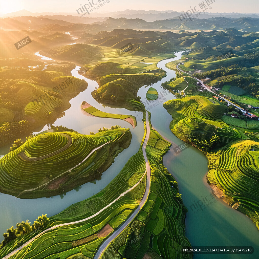 蜿蜒茶山远山水波纹