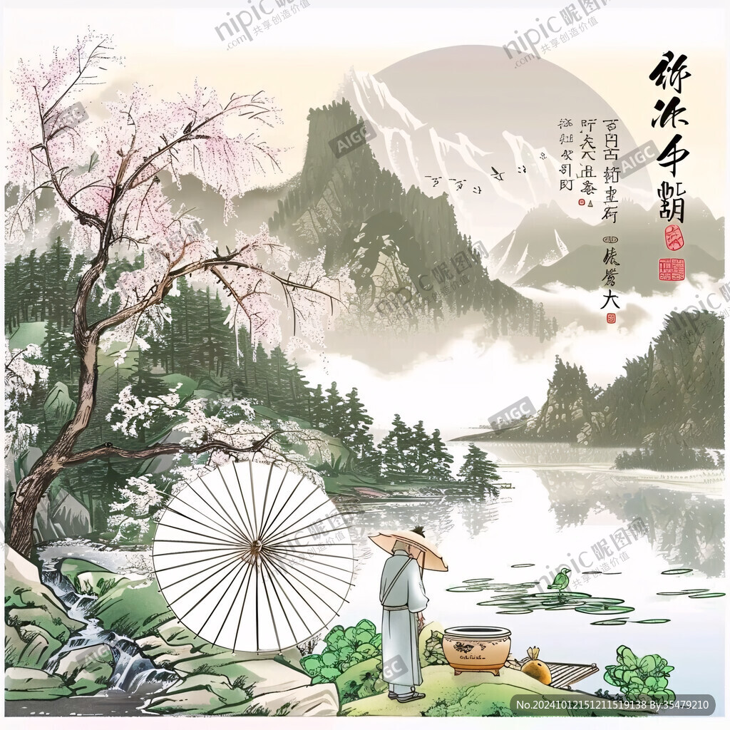 水上船家山水画