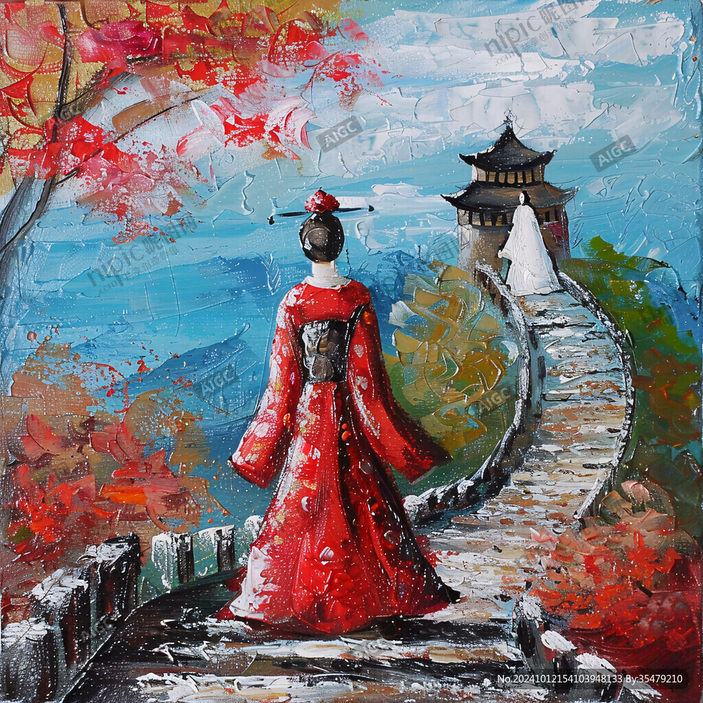 古风亭台楼阁油画