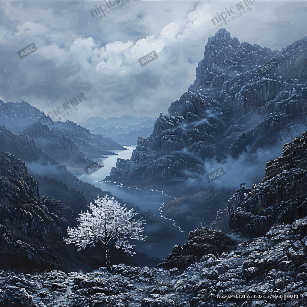 风雪流水山脉油画