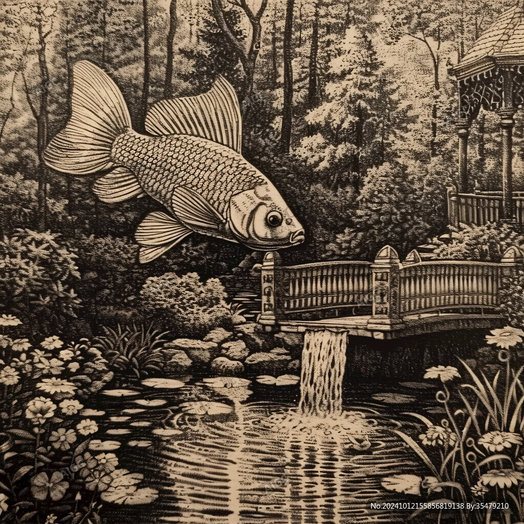 手绘木桶鱼壁画