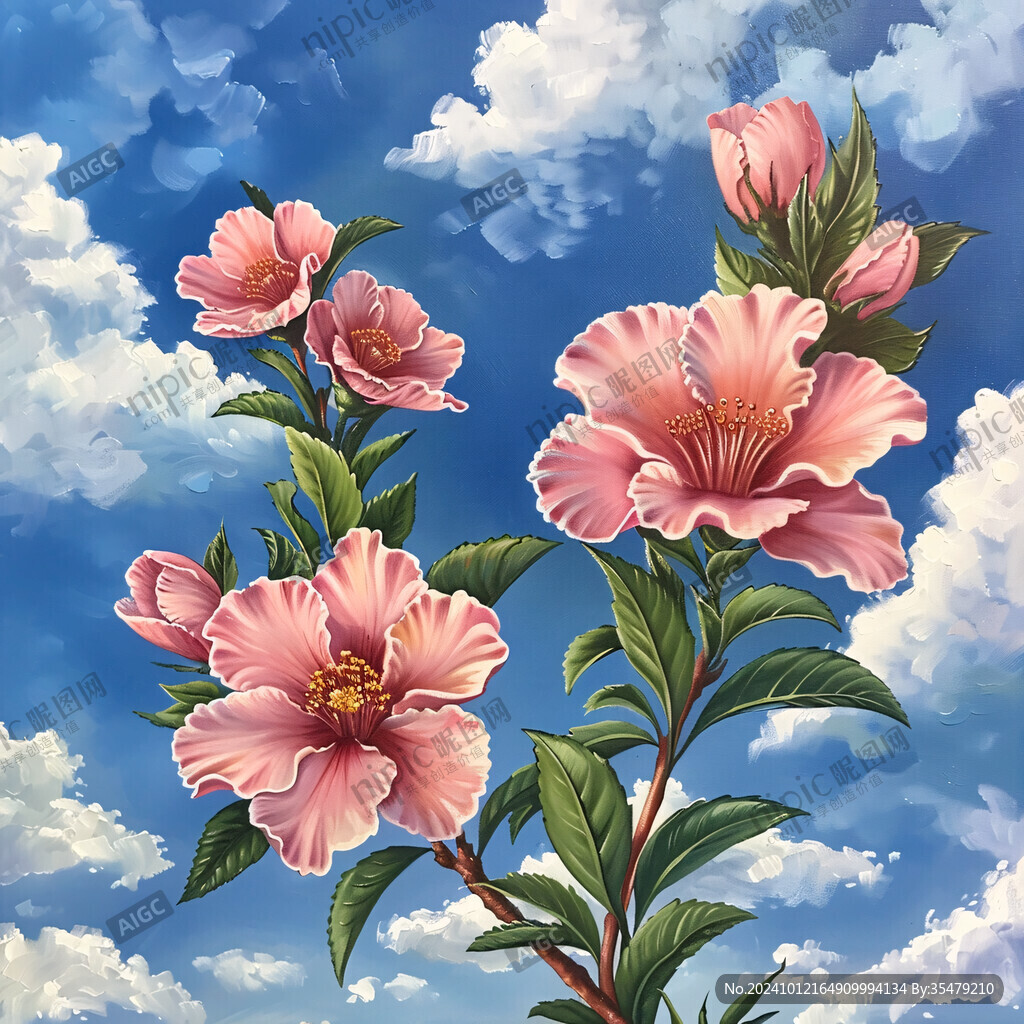 蓝天白云鲜花油画