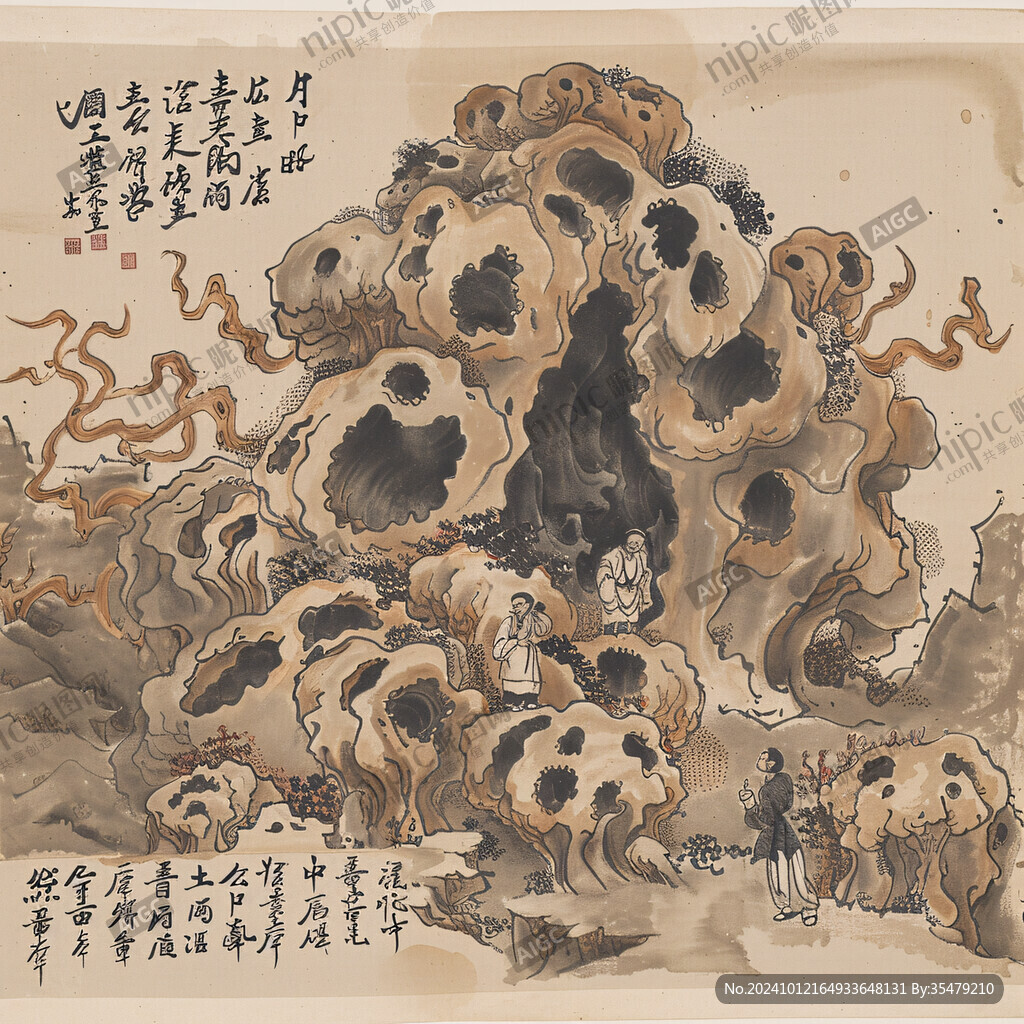 手绘奇石假山