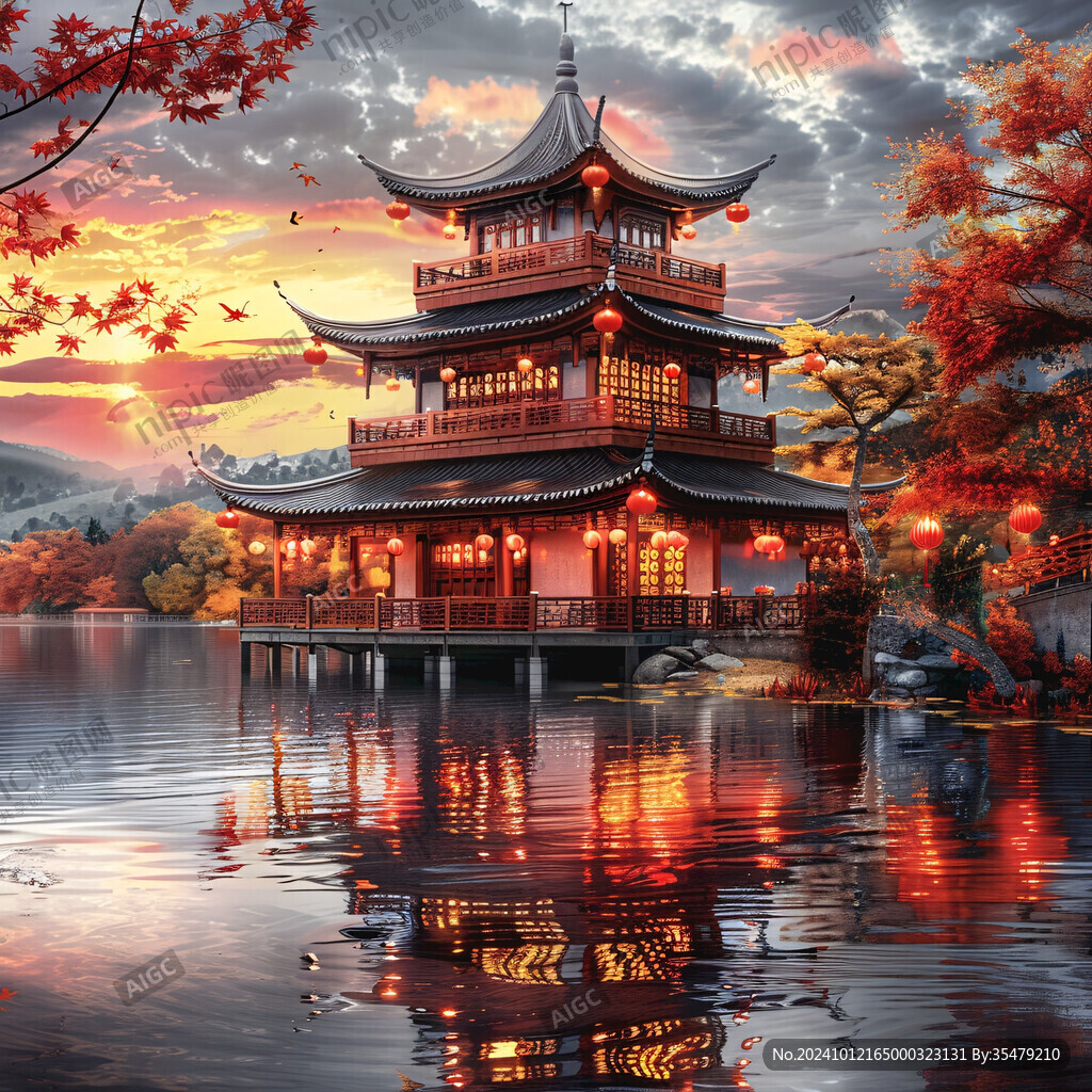 古典园林亭子晚霞夜景