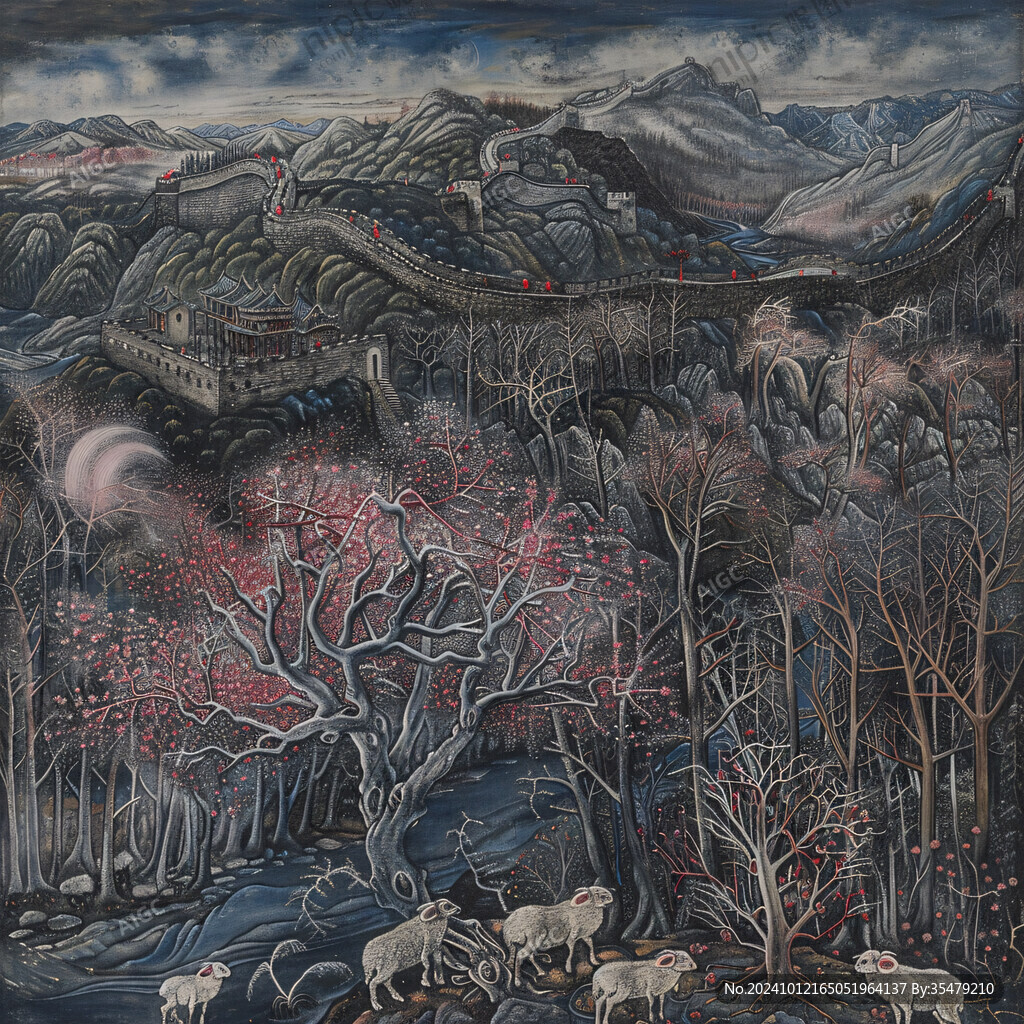 山峰山水画油画梅花鹿