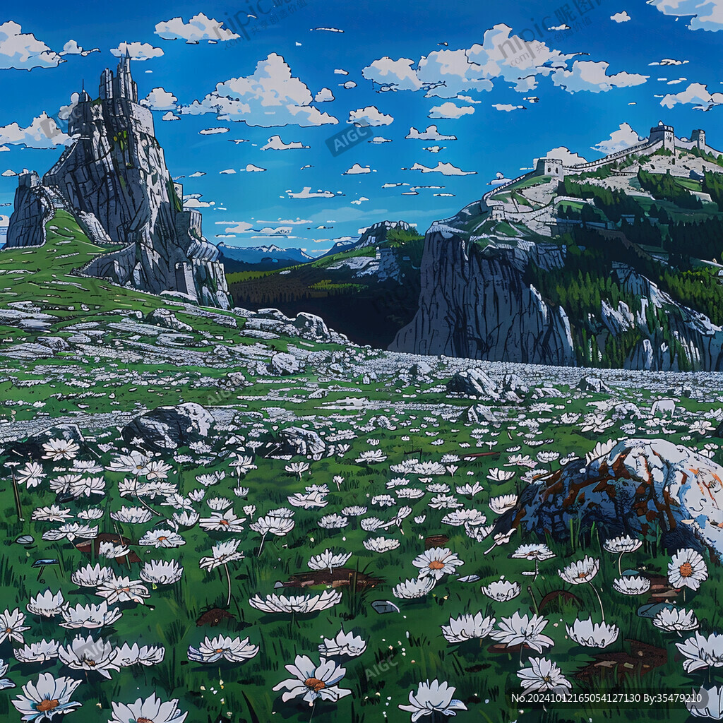 手绘草原草雪山