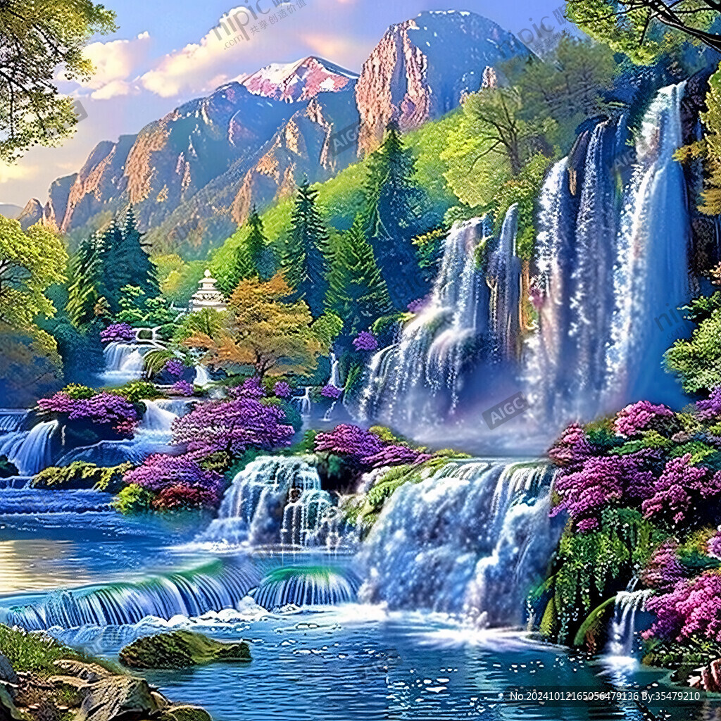 山水风景油画瀑布