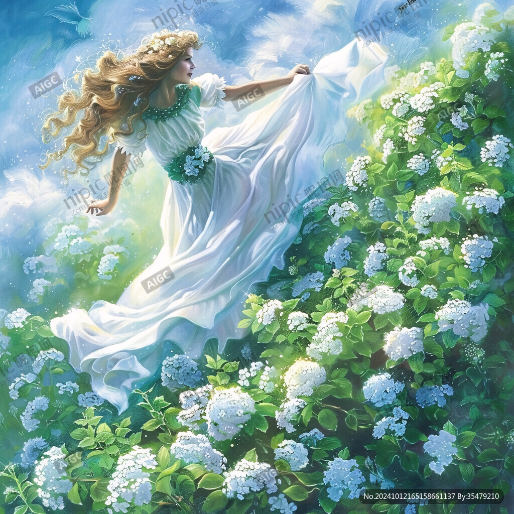 捧花蓝的女孩插画