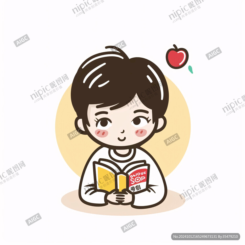 手绘读书小男孩