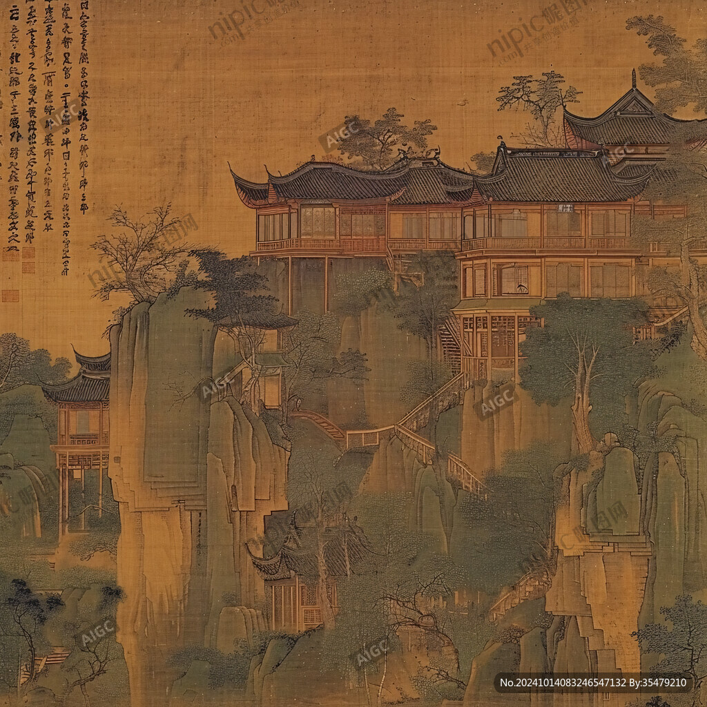 楼阁山水人物轴