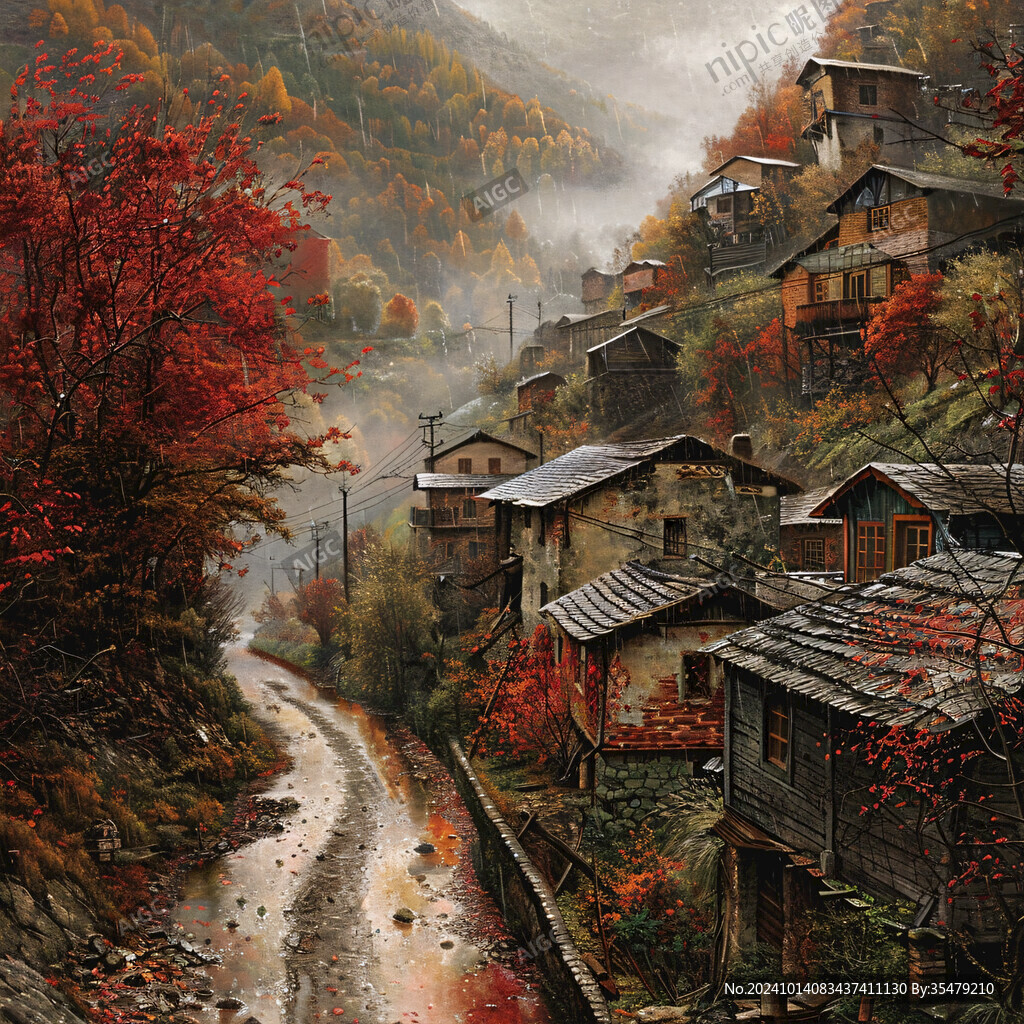 装饰画无框画山脚民居