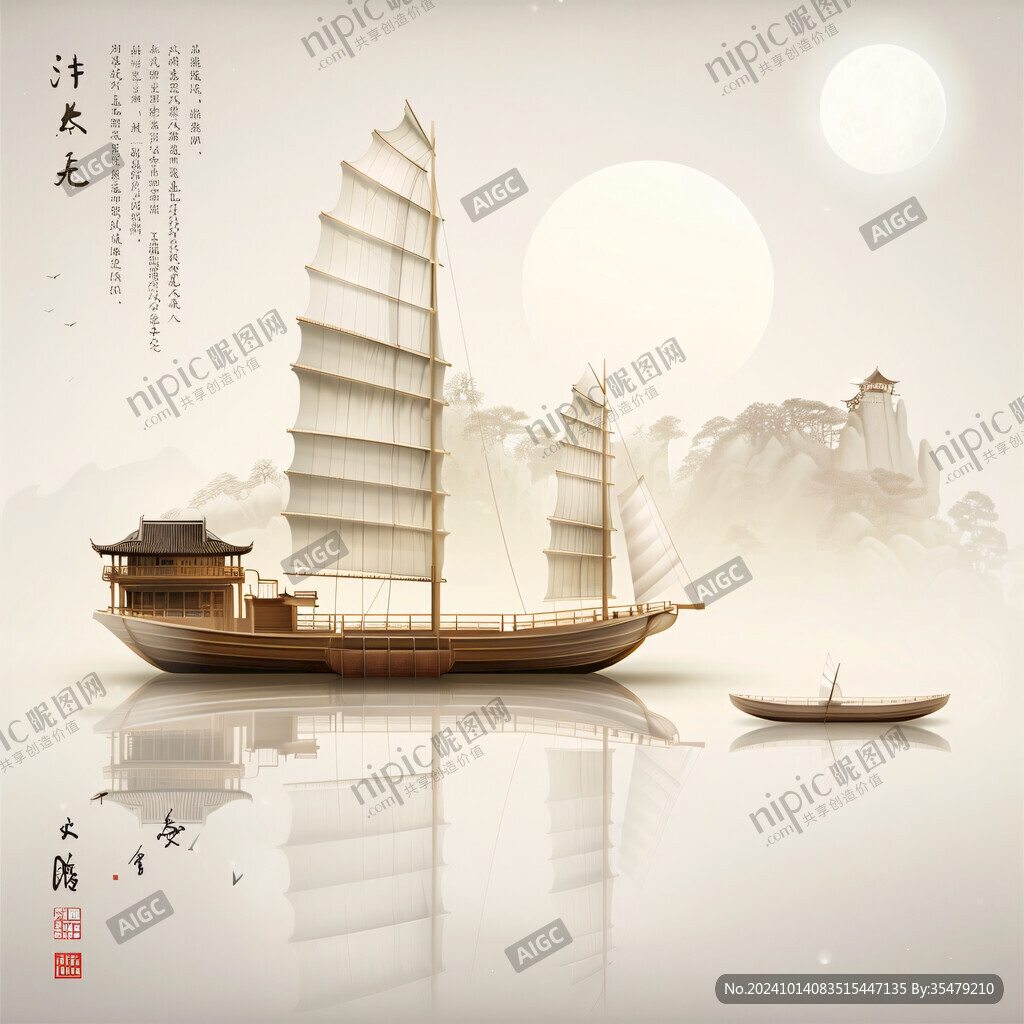 水墨山水画帆船