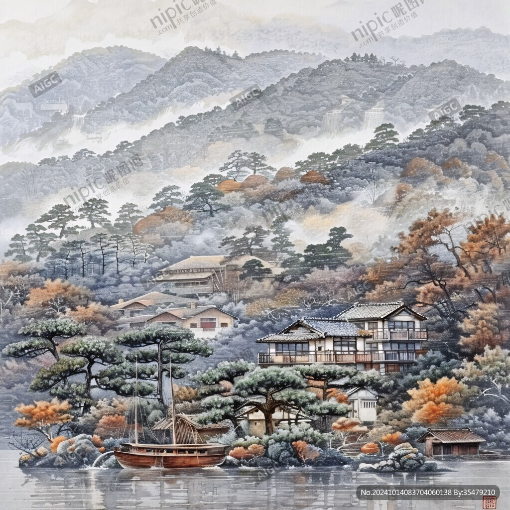 工笔山水画重彩风景画