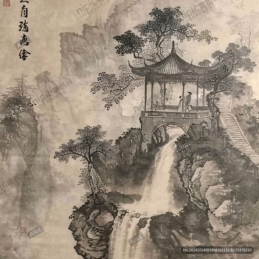 凉亭山水画