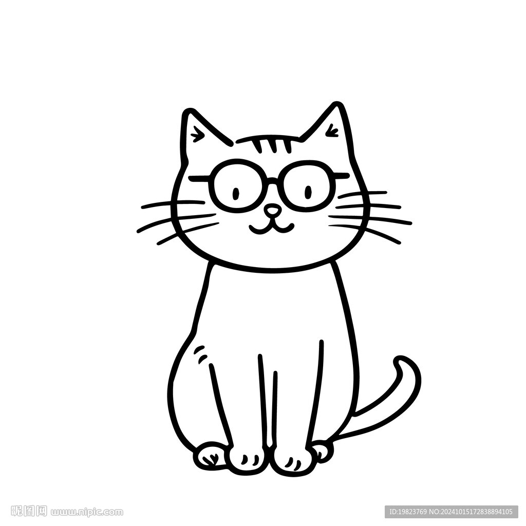 黑白手绘涂鸦戴眼镜的猫