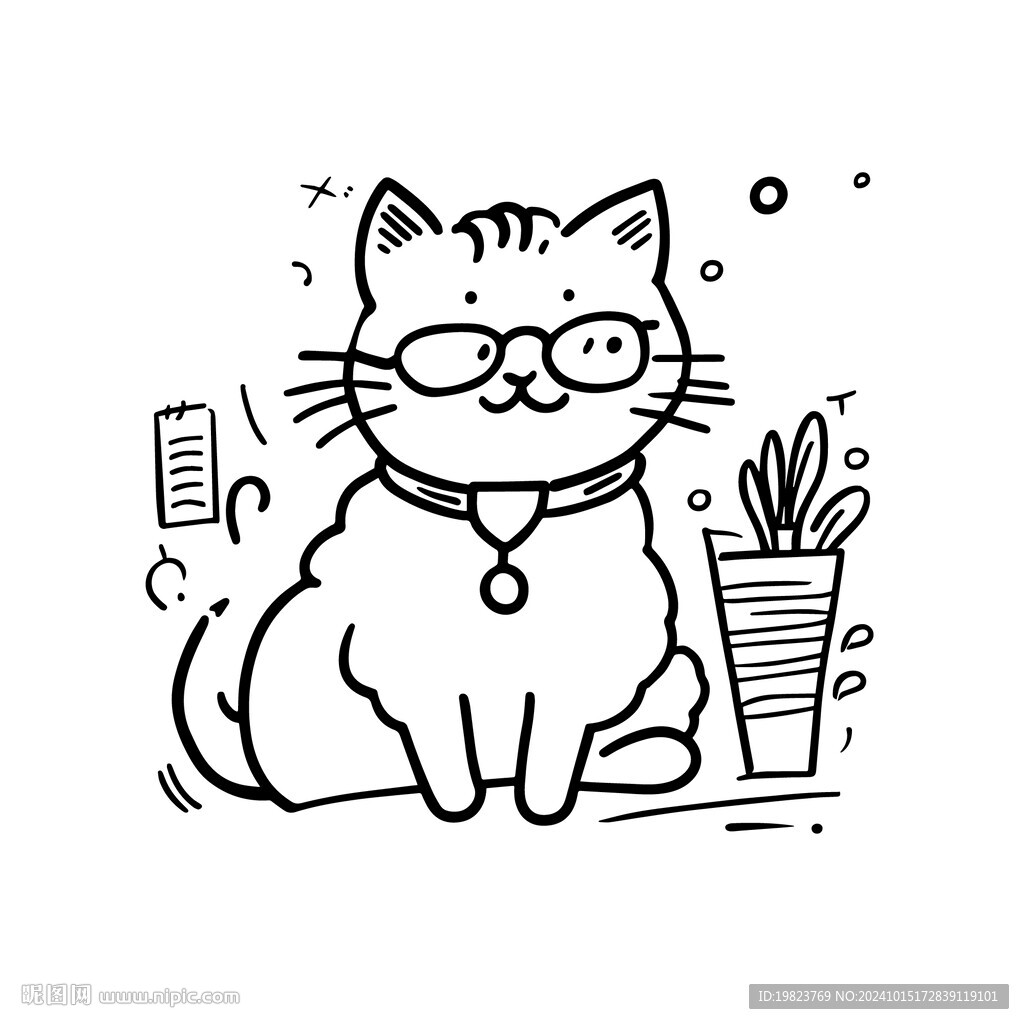 手绘涂鸦拟人戴眼镜的猫
