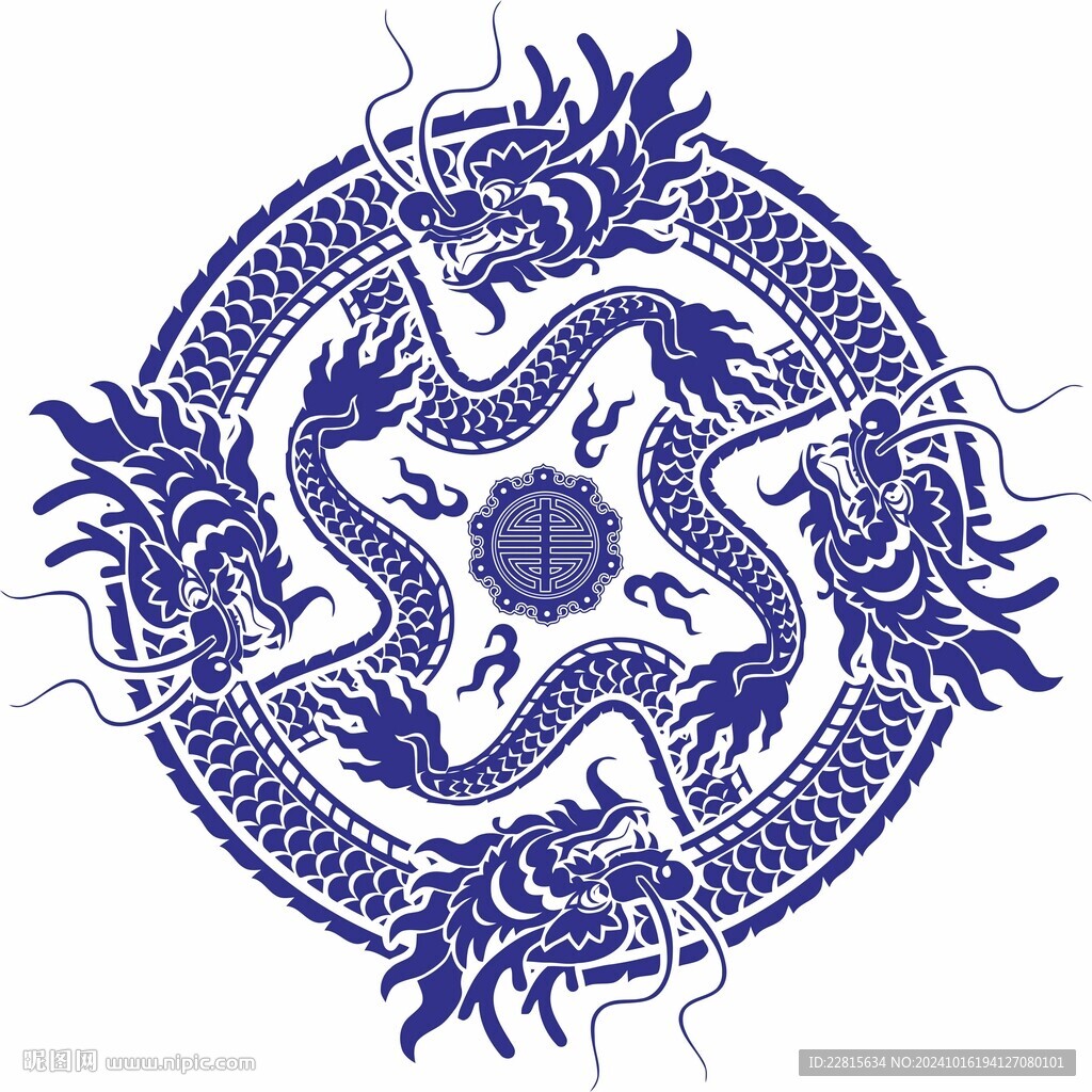 矢量圆形青花瓷龙纹