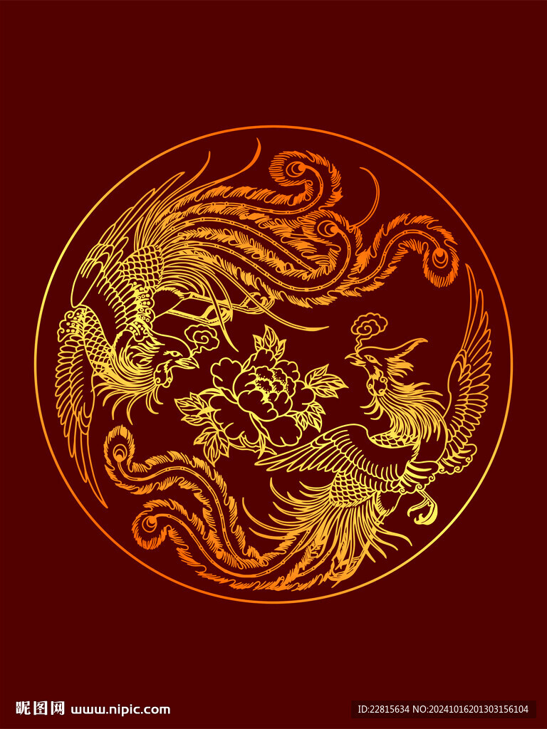 矢量烫金色双凤牡丹图