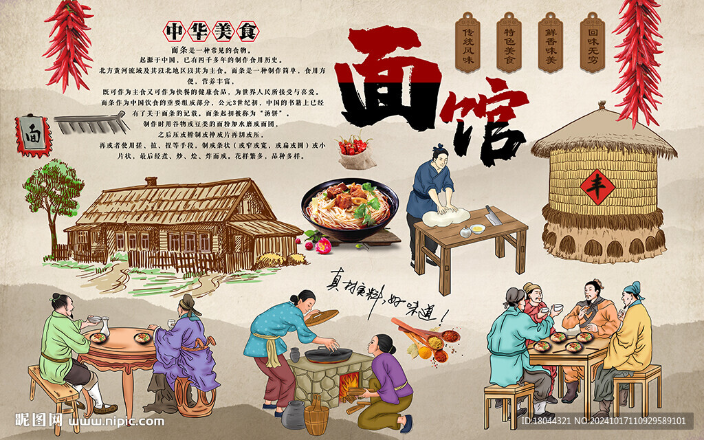 中国风美食文化面馆工装背景墙