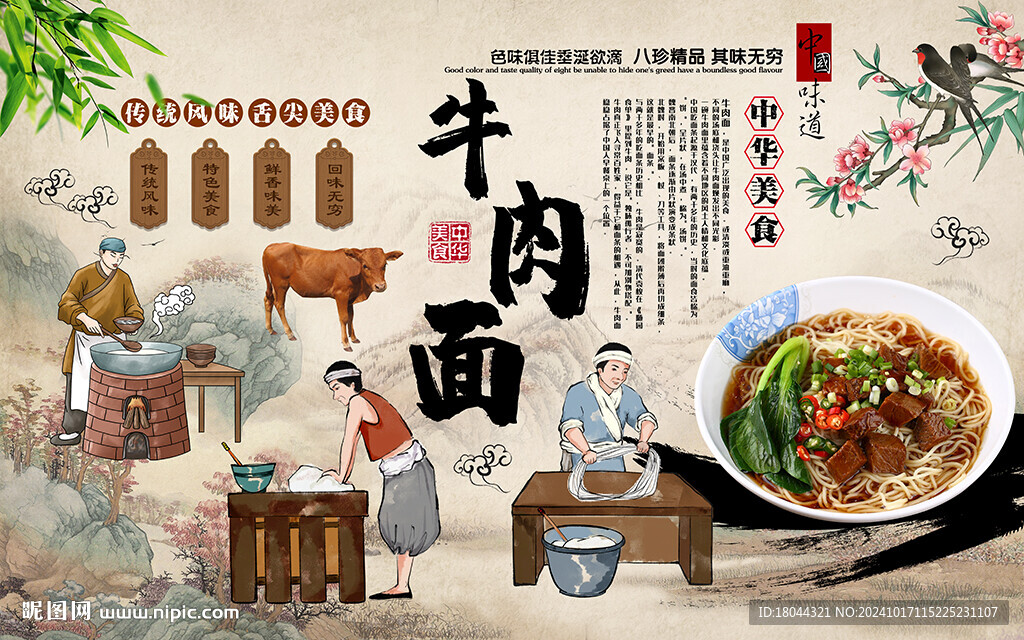 中国风牛肉面美食工装背景墙