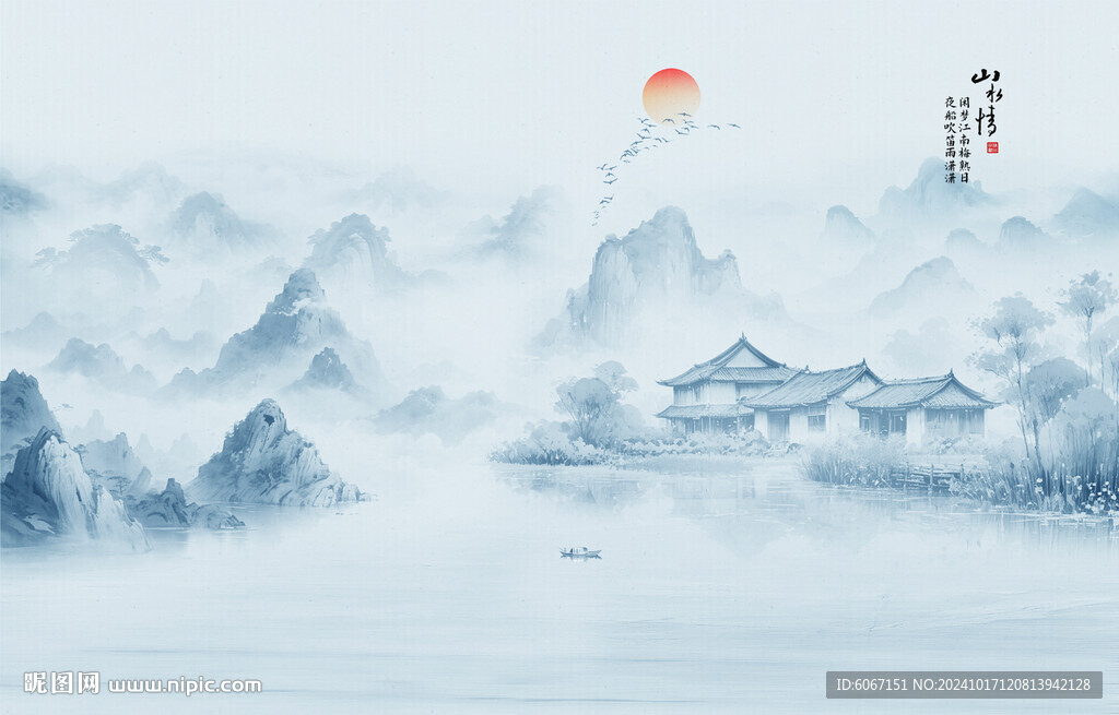 意境水墨江南山水画背景墙