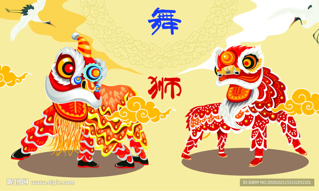 春节舞狮矢量手绘插画