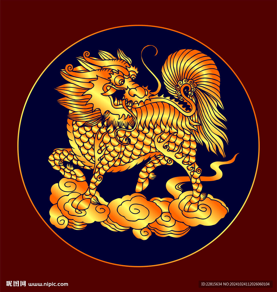 矢量烫金色麒麟纹