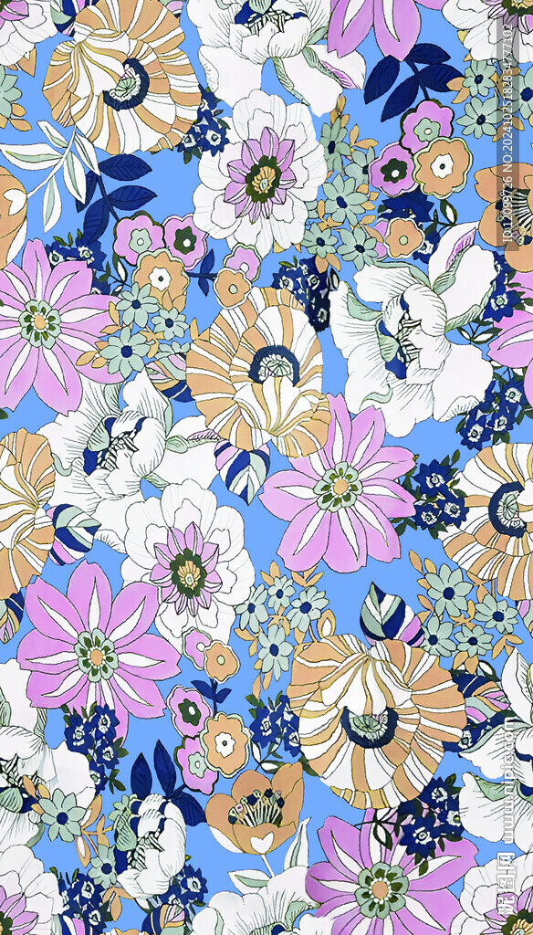 线条花朵多色手绘数码印花