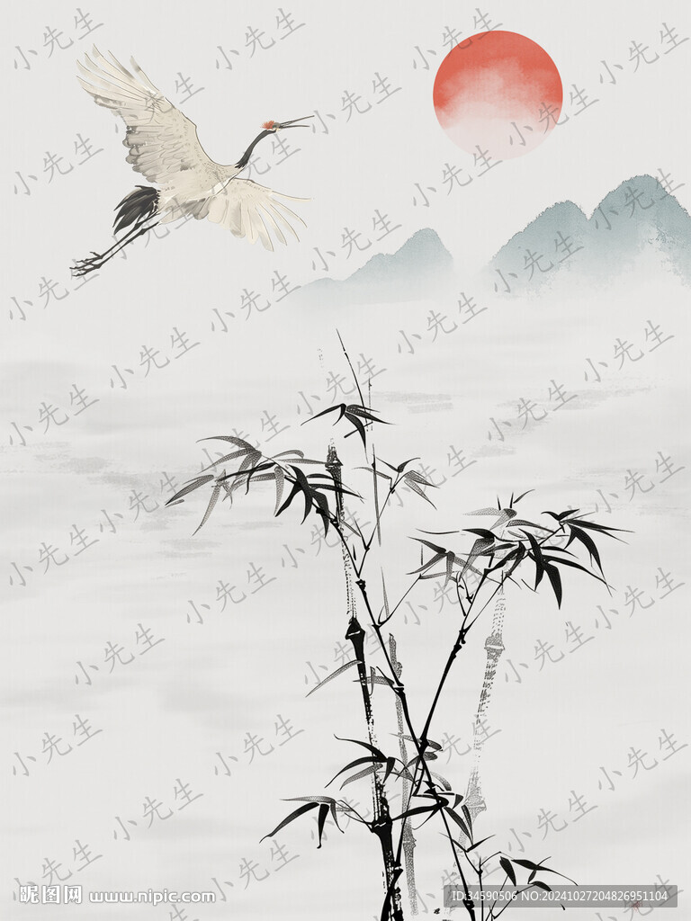 古风水墨风竹子仙鹤落日插画