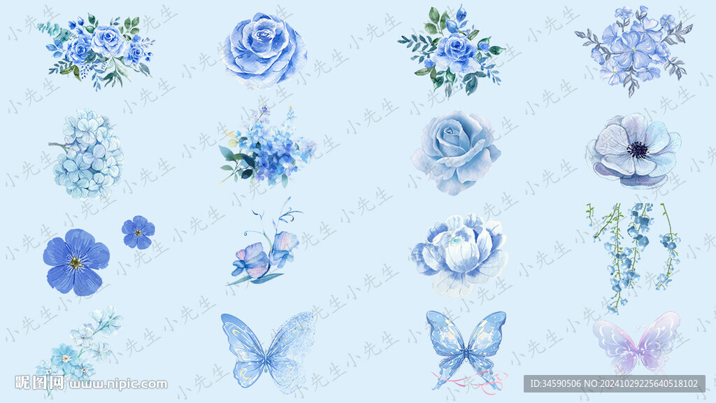 浅蓝色花朵花卉蝴蝶贴纸插画