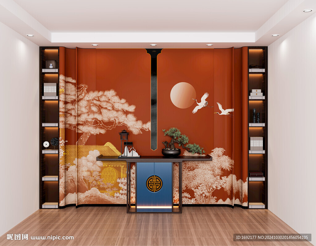 3D立体仿真直播间背景墙新中式