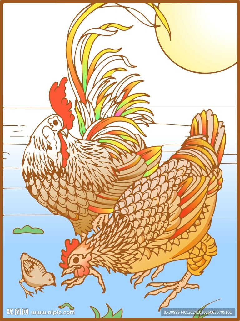 手绘公鸡母鸡小鸡一家人儿童插画