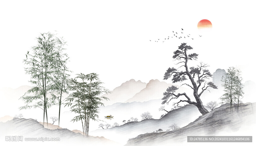 水墨竹林山水画