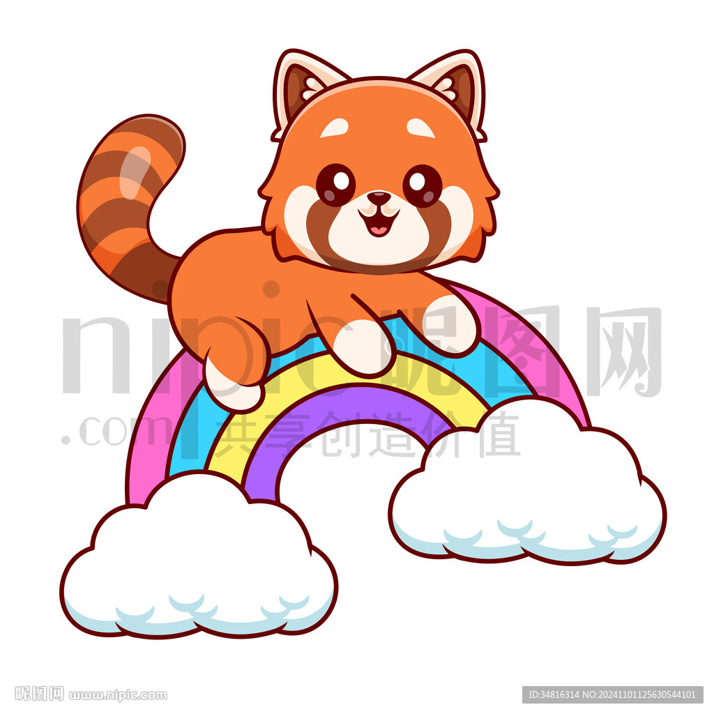可爱卡通趴在彩虹上的小熊猫
