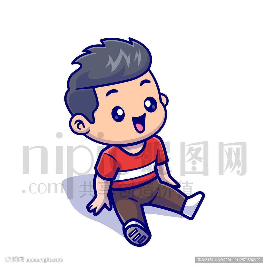 可爱卡通坐地上的小男孩