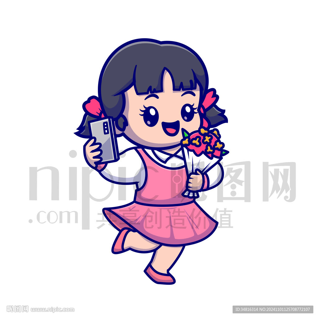 可爱卡通小女孩抱着花