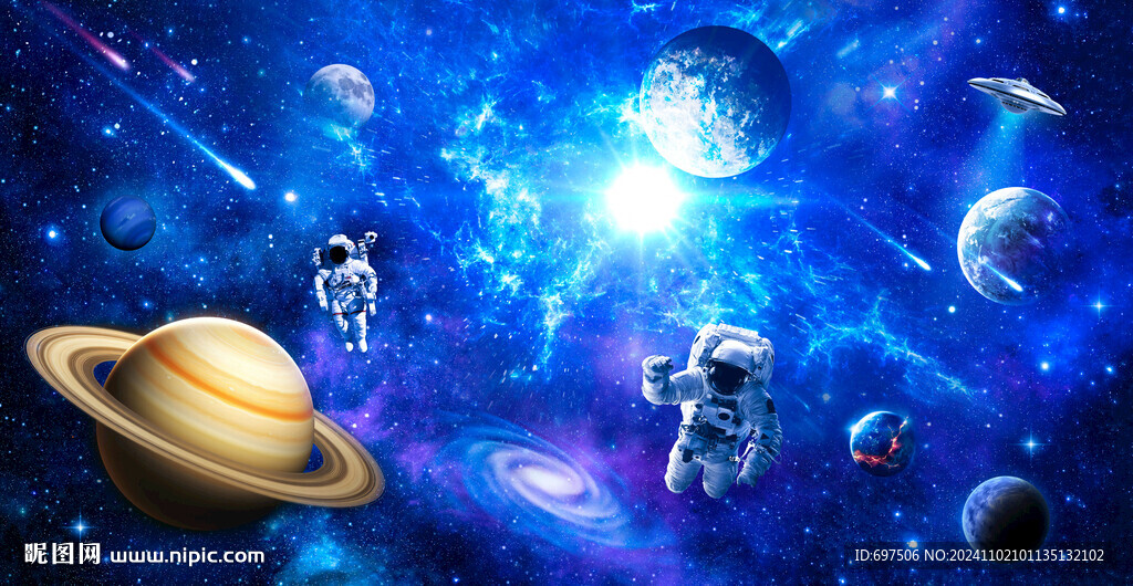 蓝色宇宙星球太空宇航员银河背景