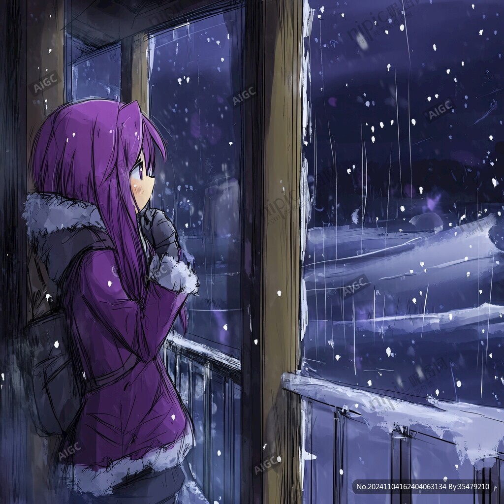 女孩看窗外雪景
