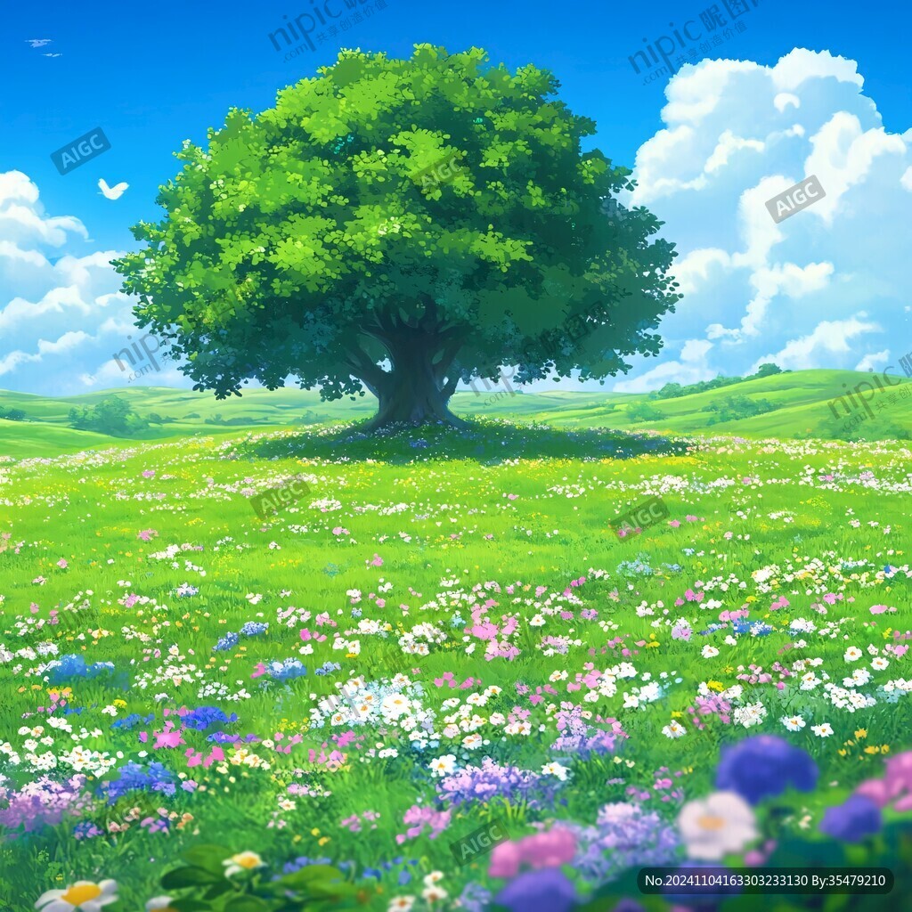 大树绿叶草地花丛