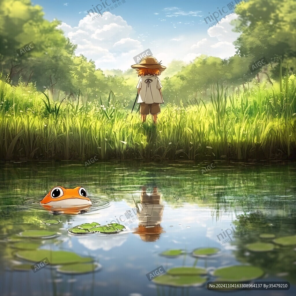 荷塘边小女孩青蛙