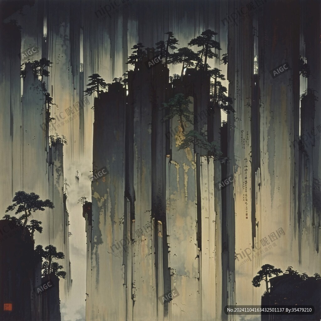 青松红日山峦竹子