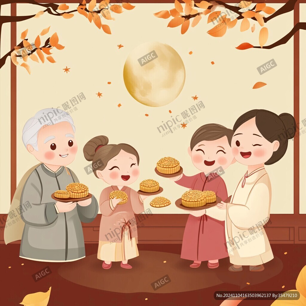 中秋月饼人物插画